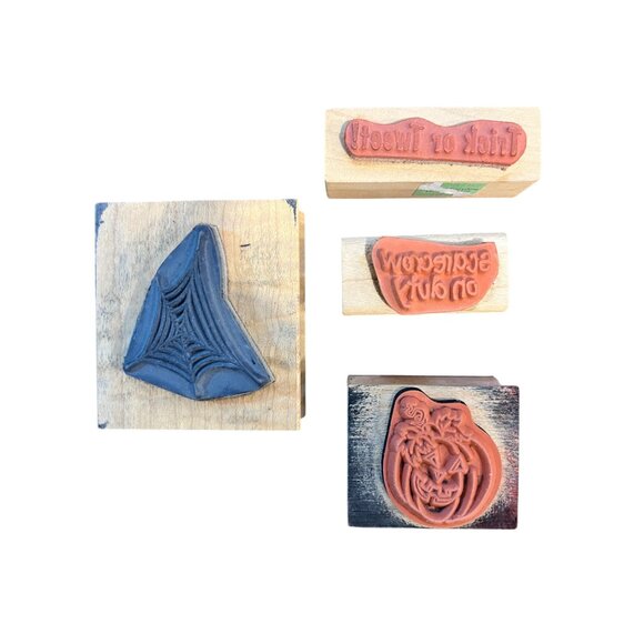 4 Vtg Misc Wood Mounted Rubber Stamps Halloween and Fall design - Picture 3 of 8